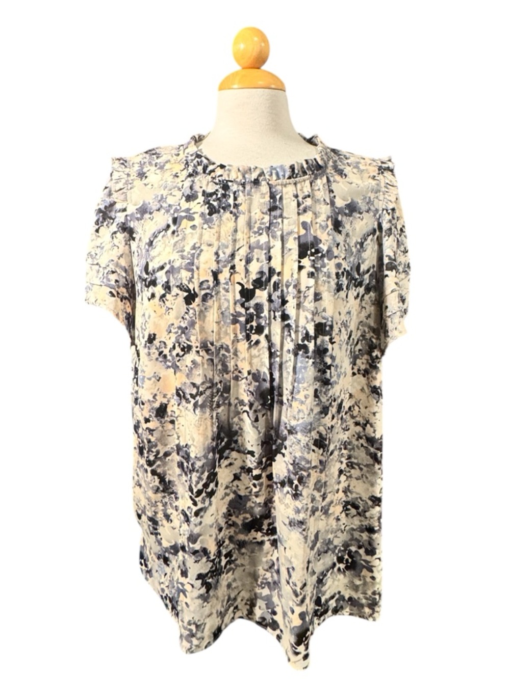 Rose & Olive Short-Sleeve Pleated Blouse in Blue and Cream Watercolor
